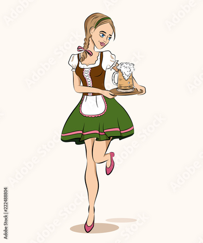 Oktoberfest cartoon style illustration of running waitress in traditional german costume with beer on tray.