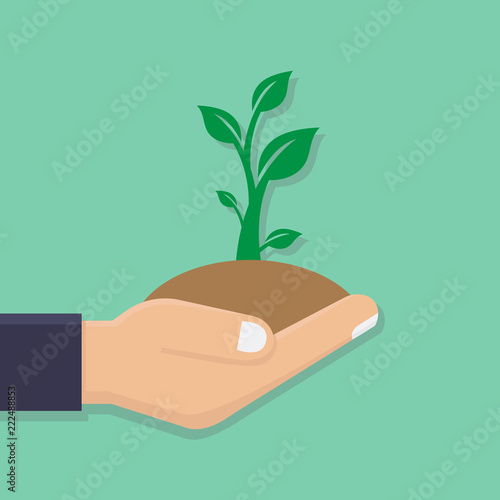Green growth plant illustration vector flat, hand hold green plant on green background, flat design vector illustration