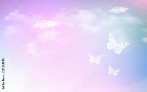 Fantasy dreaming sky with low poly butterflies in pastel color background. Hologram heaven rainbow and magic colorful cloudscape wallpaper. for invitation letter card graphic design of nature concept