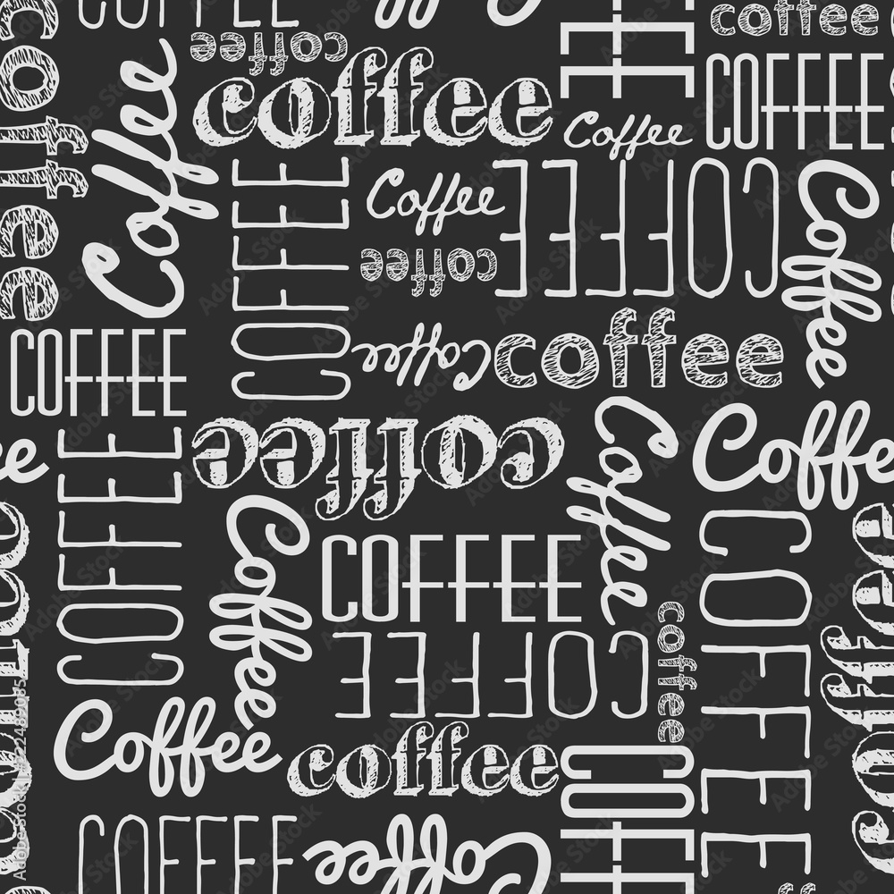 Seamless pattern of coffee words. White chalk on a black board. Chaotically scattered words of different fonts. Seamless pattern of coffee words. White chalk on a black board. Chaotically scattered words of different fonts.