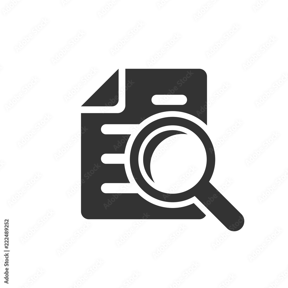 Scrutiny document plan icon in flat style. Review statement vector illustration on white isolated background. Document with magnifier loupe business concept. Scrutiny document plan icon in flat style. Review statement vector illustration on white isolated background. Document with magnifier loupe business concept.
