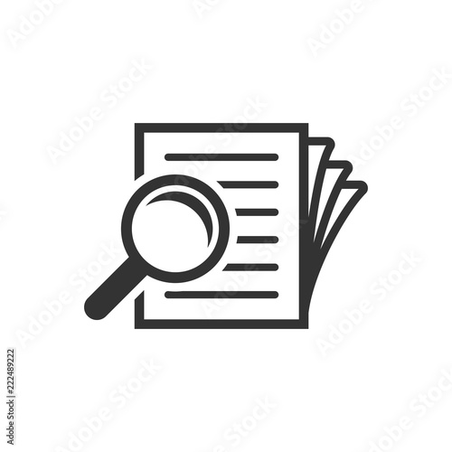 Scrutiny document plan icon in flat style. Review statement vector illustration on white isolated background. Document with magnifier loupe business concept.