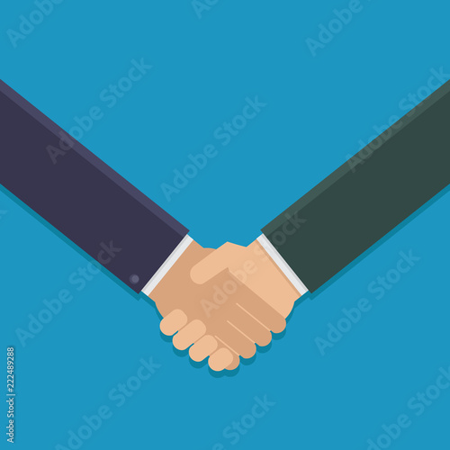 Hand shake flat design vector illustration on blue background