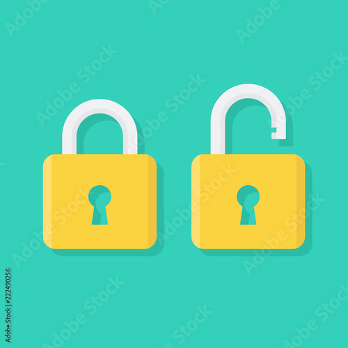 Padlock icon sign symbol flat, locked and unlocked, flat design vector illustration