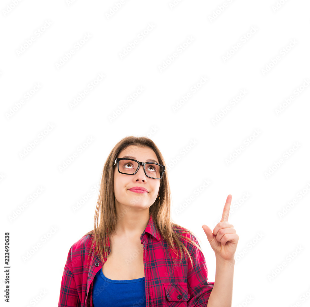 Smart woman pointing up in solution Smart woman pointing up in solution