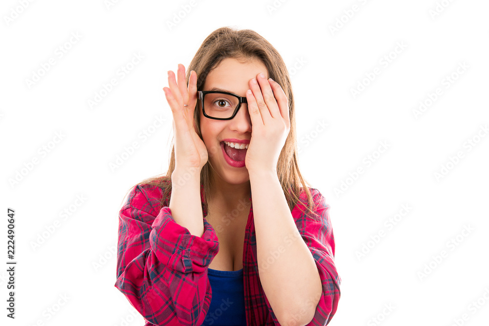 Funny laughing woman revealing face Funny laughing woman revealing face