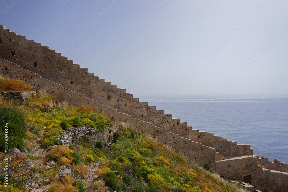 Monemvasia, Greece: The eastern wall of the medieval castle town of Monemvasia (founded in 583), overlooking the Aegean Sea.