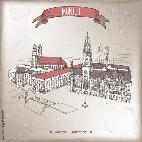 Vintage travel illustration with Munich, Germany, old town sketch.