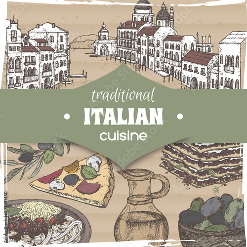 Vintage template with Venice landscape and color Italian cuisine dishes.