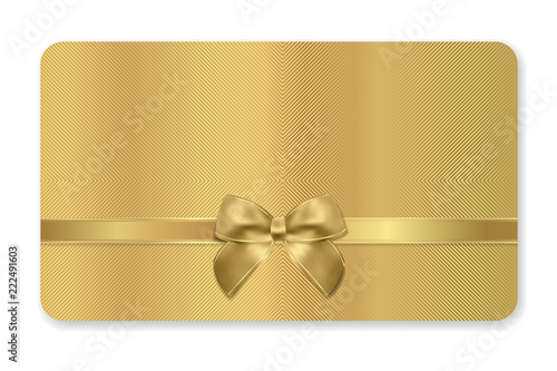 Gift card (Gift card discount), Gift coupon with golden ribbon, gold bow and golden pattern. Metal background design for voucher template design, invitation, ticket. Vector