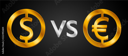 Design creative concept US dollar sign VS Euro sign (Euro coin icon). EUR currency versus Dollar icon. Isolated vector golden Coins idea, web market currency symbols (Internet banking)