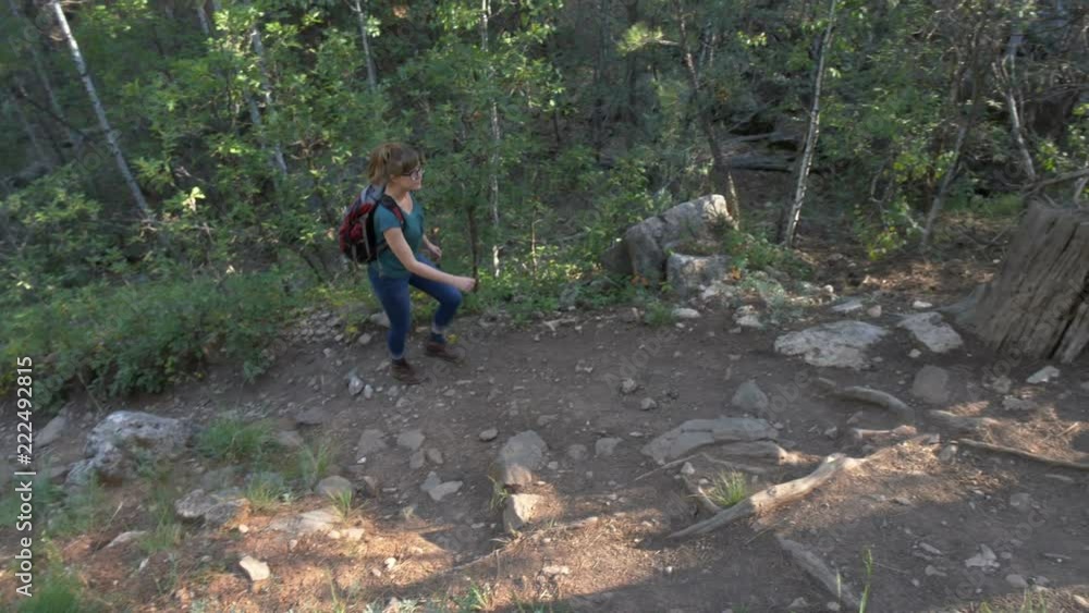 An attractive young woman hiking on a rocky trail in the summer An attractive young woman hiking on a rocky trail in the summer