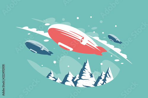 Airships in air above snowy mountains.
