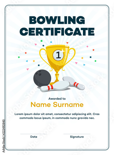 Modern first place bowling certificate diploma with a gold winning cup and place for your content. Isolated on light background with transparent shadows.