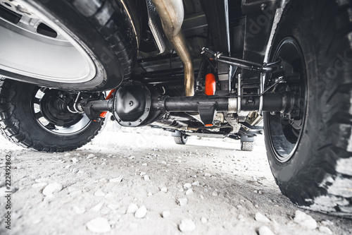 Off road car suspension. Wheel of the off-road pickup