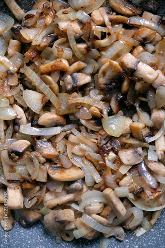 fried mushrooms with onions in a frying pan