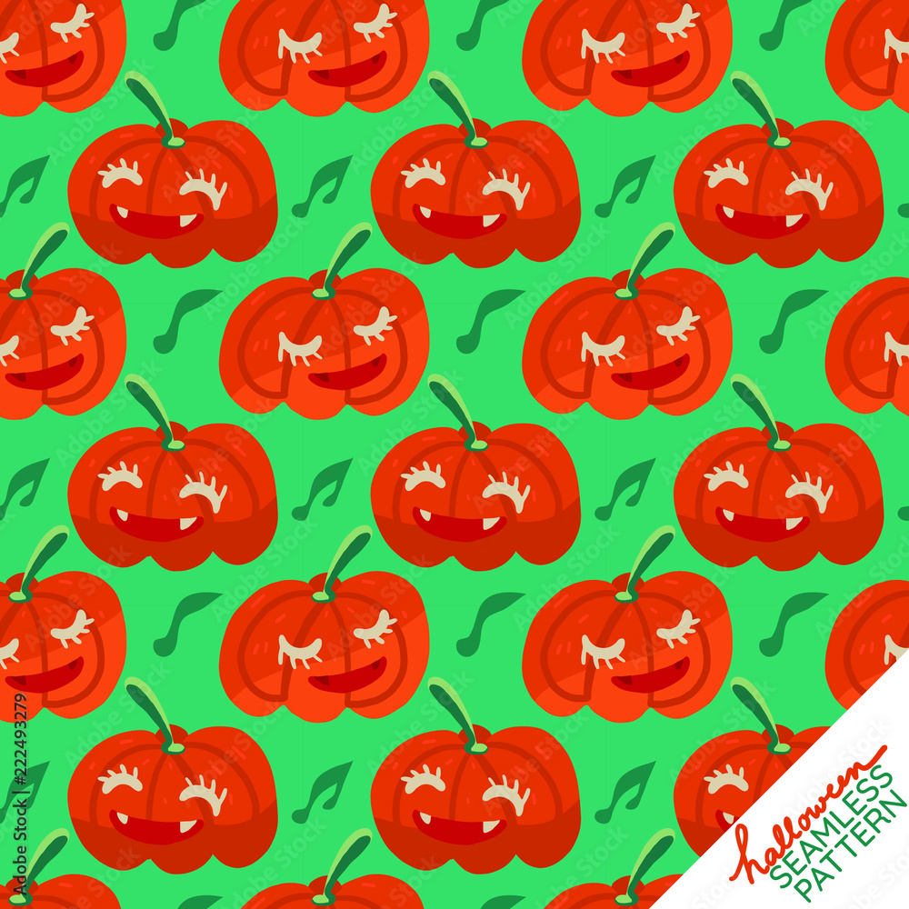 Seamless Pattern of smiling pumpkins on green background for happy Halloween season Seamless Pattern of smiling pumpkins on green background for happy Halloween season