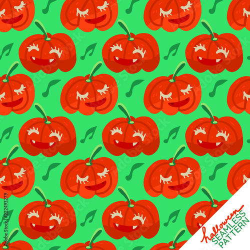 Seamless Pattern of smiling pumpkins on green background for happy Halloween season