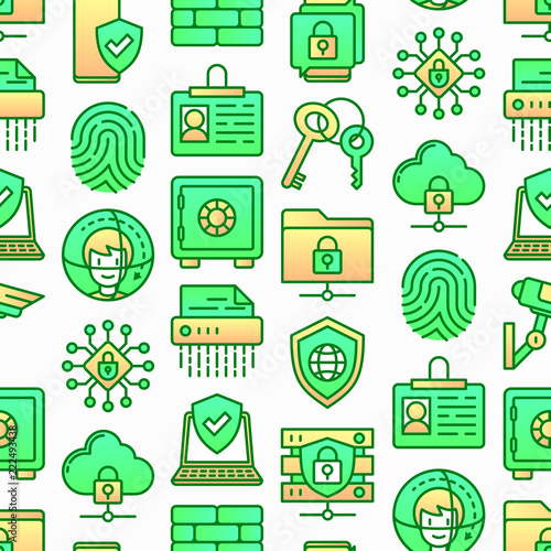 Security and protection seamless pattern with thin line icons: mobile security, fingerprint, badge, firewall, face ID, secure folder, surveillance camera, keyset, shredder. Modern vector illustration.