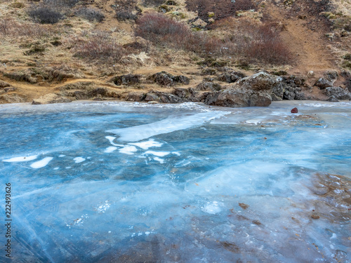 Ice in lake at Kerid crater, Iceland