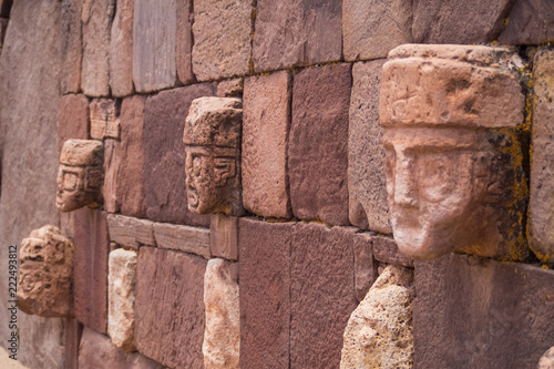 Front view. Ruins of the ancient city of Tiwanaku, Bolivia, faces