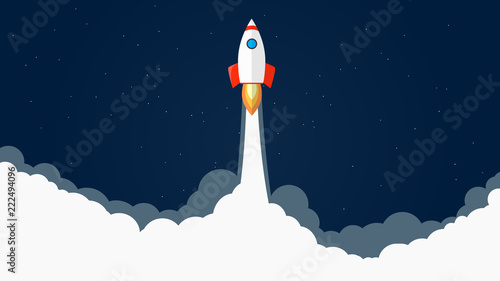 Rocket launch vector illustration. Start of rocket with flames and smoke. Dark blue background with stars. Take your bussines to stars. EPS10 vector.