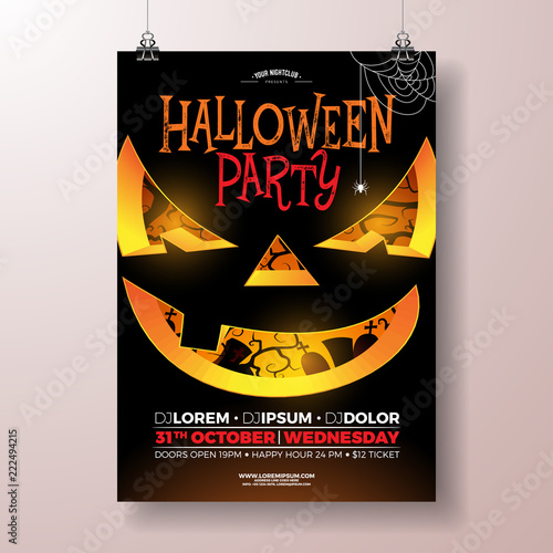 Halloween Party flyer vector illustration with scary face on black background. Holiday design template with cemetery for party invitation, greeting card, banner or celebration poster.