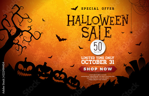 Halloween Sale banner illustration with pumpkins, cemetery and flying bats on orange background. Vector Holiday design template with typography lettering for offer, coupon, celebration banner, voucher