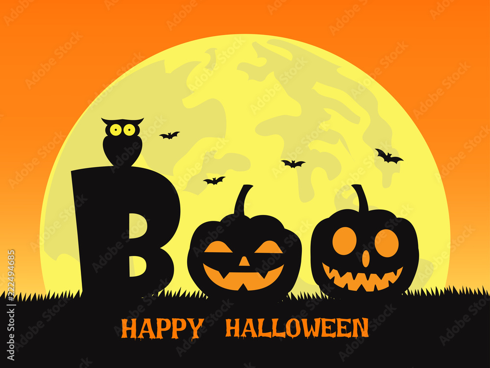 Halloween background with smile pumpkin devil in graveyard and the full moon - boo! Halloween background with smile pumpkin devil in graveyard and the full moon - boo!