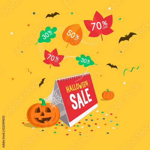 Special Halloween day sale symbol with calendar and flying colorful leaves, confetti and bats isolated on yellow background. Easy to use for your design with transparent shadows.