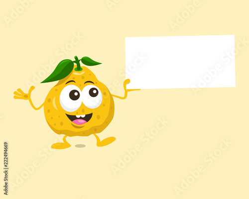 Illustration of happy ugli fruit mascot with offer label in his hand. Flat design style isolated on light background.