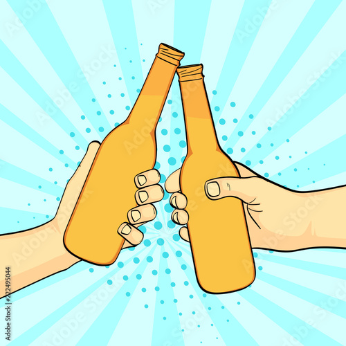 Pop art background, summer color. Two friends knock a bottle of beer. Two beers. Imitation comic style. Vector