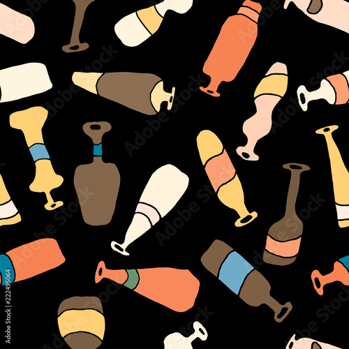 Bottles different coloured seamless black pattern