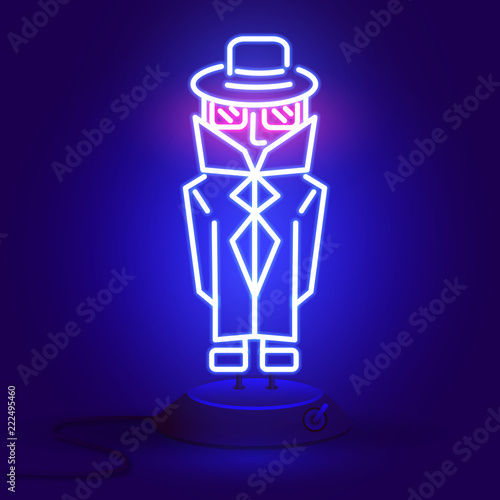 neon Spy in a cloak and glasses in the dark