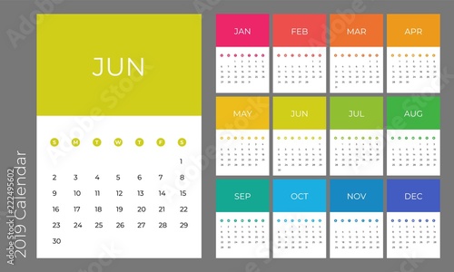 Colorful year 2019 calendar vector template. Eps 10