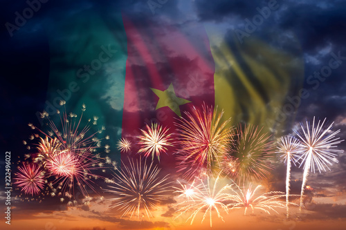 Fireworks and flag of Cameroon