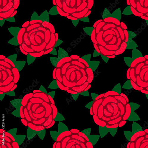 Rose flowers, petals and leaves white background. Seamless pattern