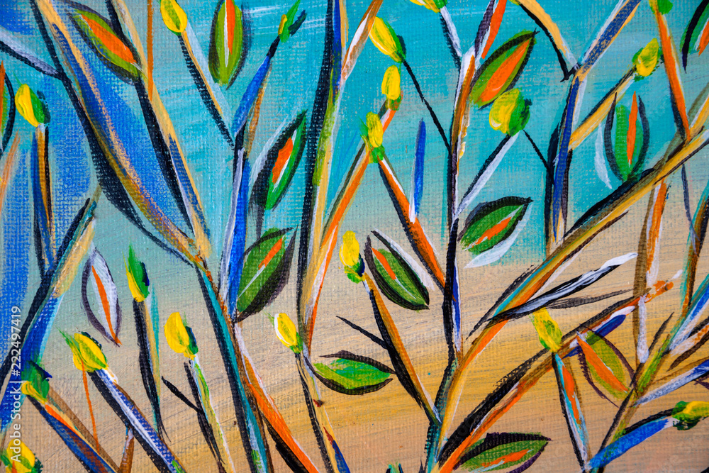 Details of acrylic paintings showing colour, textures and techniques. Expressionistic tree branches and foliage.