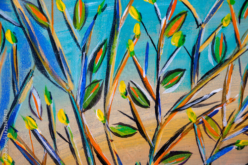 Details of acrylic paintings showing colour, textures and techniques. Expressionistic tree branches and foliage. © Chris Rose