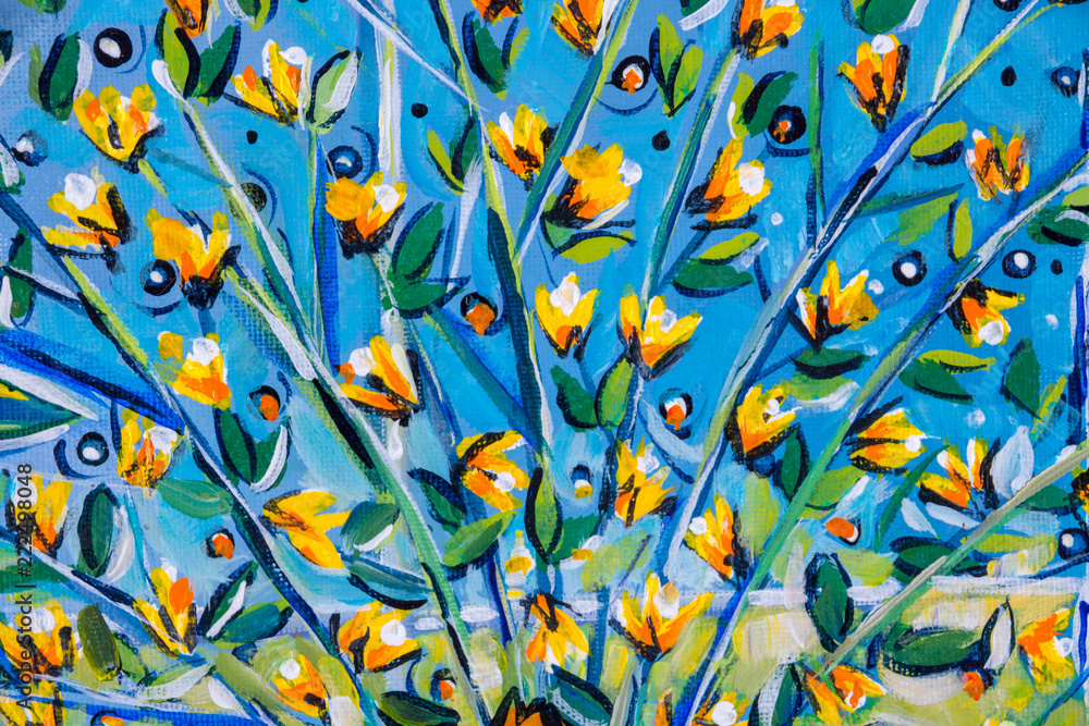 Details of acrylic paintings showing colour, textures and techniques. Expressionistic tree branches with yellow spring blossom. Details of acrylic paintings showing colour, textures and techniques. Expressionistic tree branches with yellow spring blossom.