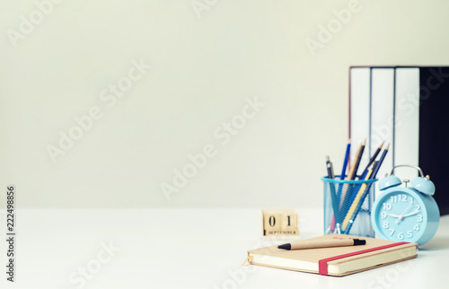 School books on the desk at home  Education learning concept.