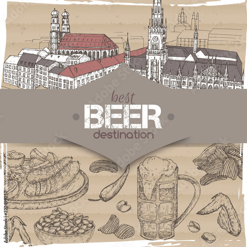 Beer travel destination template with Munich old town sketch, beer mug, chips, nuts, chicken wings and snack plate.