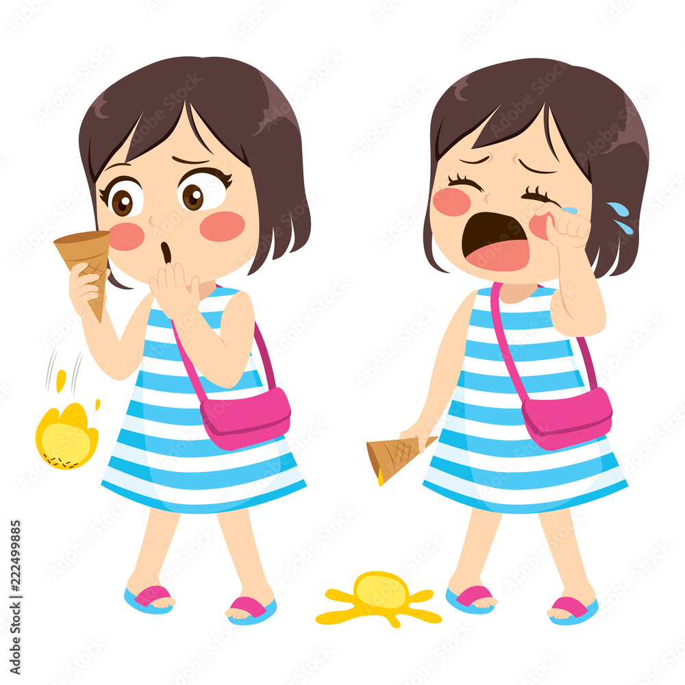 Sweet little girl with ice cream falling from cookie cone and crying Sweet little girl with ice cream falling from cookie cone and crying