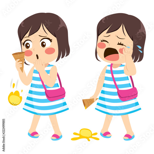 Sweet little girl with ice cream falling from cookie cone and crying