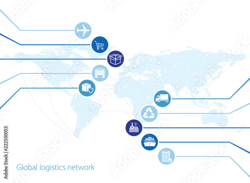 Global logistics network. Map global logistics partnership connection. Similar world map with geolocation and logistics icons. Flat design. Vector illustration EPS10. 