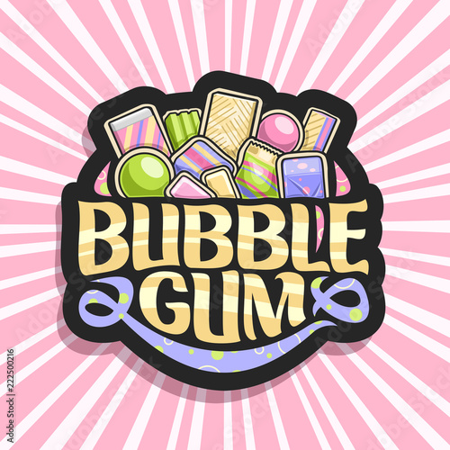 Vector logo for Bubble Gum, dark sign with heap of colorful chewing bubblegums and fruit gummy candies, original brush typeface for words bubble gum, vibrant illustration of variety kid sweets.