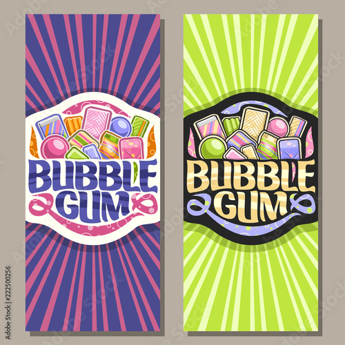 Vector vertical banners for Bubble Gum, flyer with pile of colorful chewing bubblegums and fruit gummy candies, original brush typeface for words bubble gum, vibrant illustration of variety kid sweets
