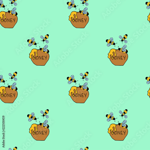 Fototapeta Naklejka Na Ścianę i Meble -  Bee and honey seamless vector green patter