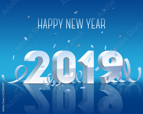 Happy New Year 2019. Silver 3D-numbers with ribbons and confetti on white background. Vector illustration