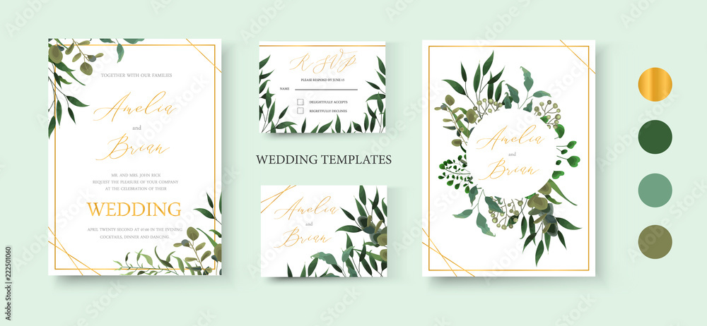 Wedding floral golden invitation card save the date rsvp design - obrazy, fototapety, plakaty 